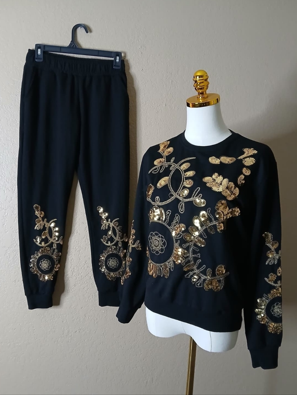 Black Sweatshirt & Jogger Set with Gold Sequin Embroidery